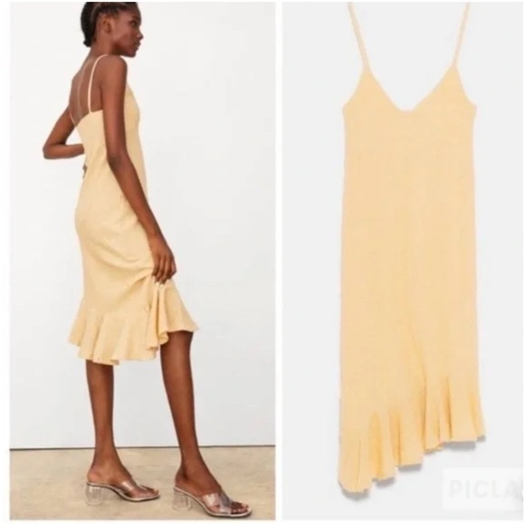 Zara Yellow Midi Textured Weave Ruffle Hemmed dress - Picture 6 of 10